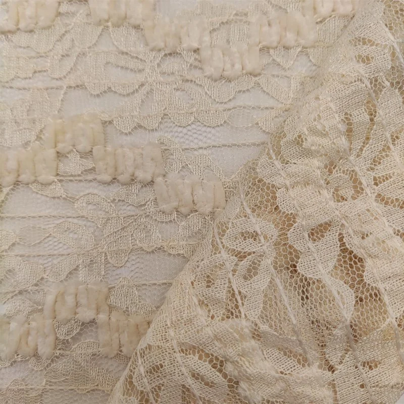 Poly Lace with Chenille Yarn Flower Wave Edge Embroidery Fabric for Skirt Dress Party Garment Fabric